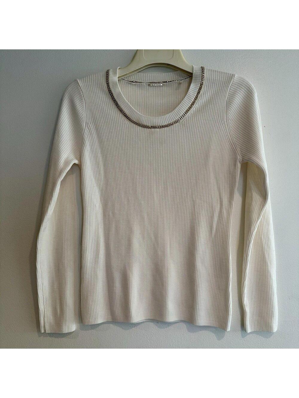 Elie Tahari Sweater Size S Gold Chain 100% Merino Wool Cream Holiday Soft Cream